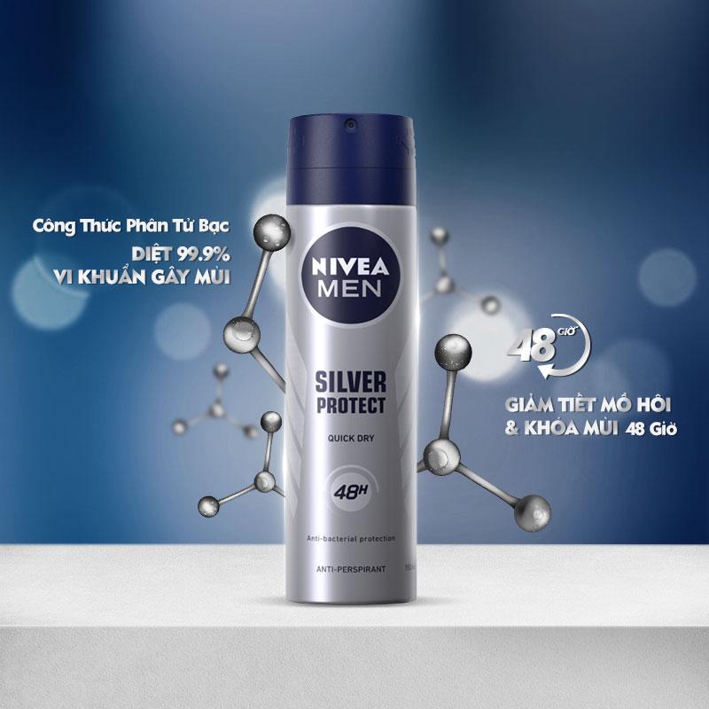 Xịt Ngăn Mùi NIVEA MEN Silver Protect Phân Tử Bạc Giảm 99.9% Vi Khuẩn Gây Mùi (150ml) - 82959