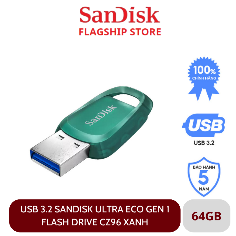 USB 3.2 SanDisk Ultra Eco Gen 1 Flash Drive CZ96 Xanh - Hàng Chính Hãng