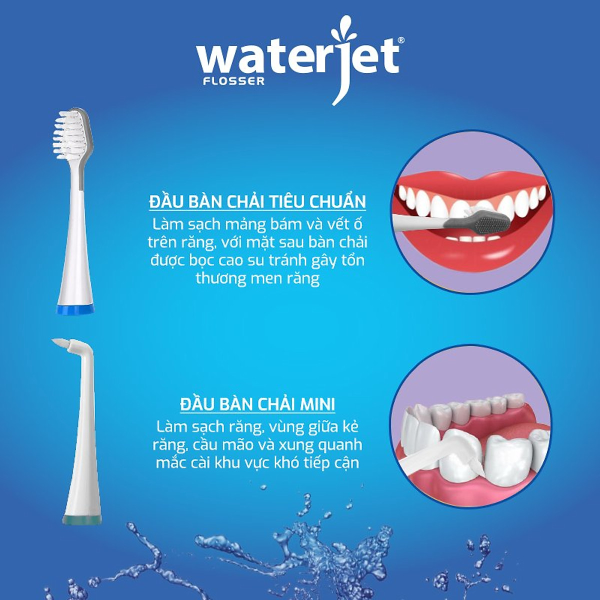 Set 2 đầu bàn chải tiêu chuẩn/mini thay thế bàn chải sóng âm WaterJet Sonic Toothbrush