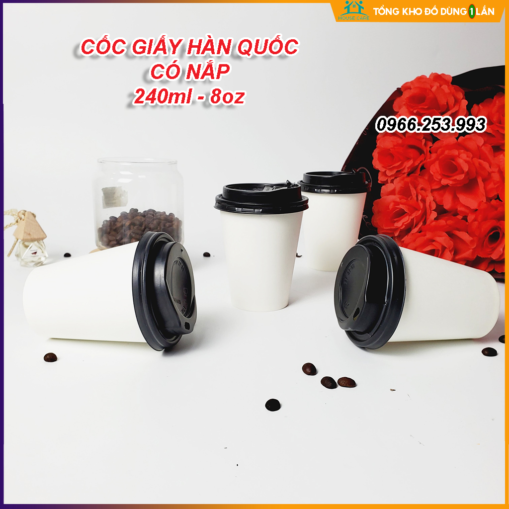 50 cốc giấy CÓ NẮP 240ml dùng 1 lần size 8OZ