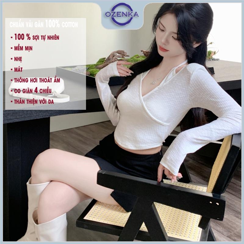 Áo croptop ôm tay dài kiểu gợi cảm nữ OZENKA, áo crt mặc thu đông đẹp vải cotton đen trắng size dưới 55 kg