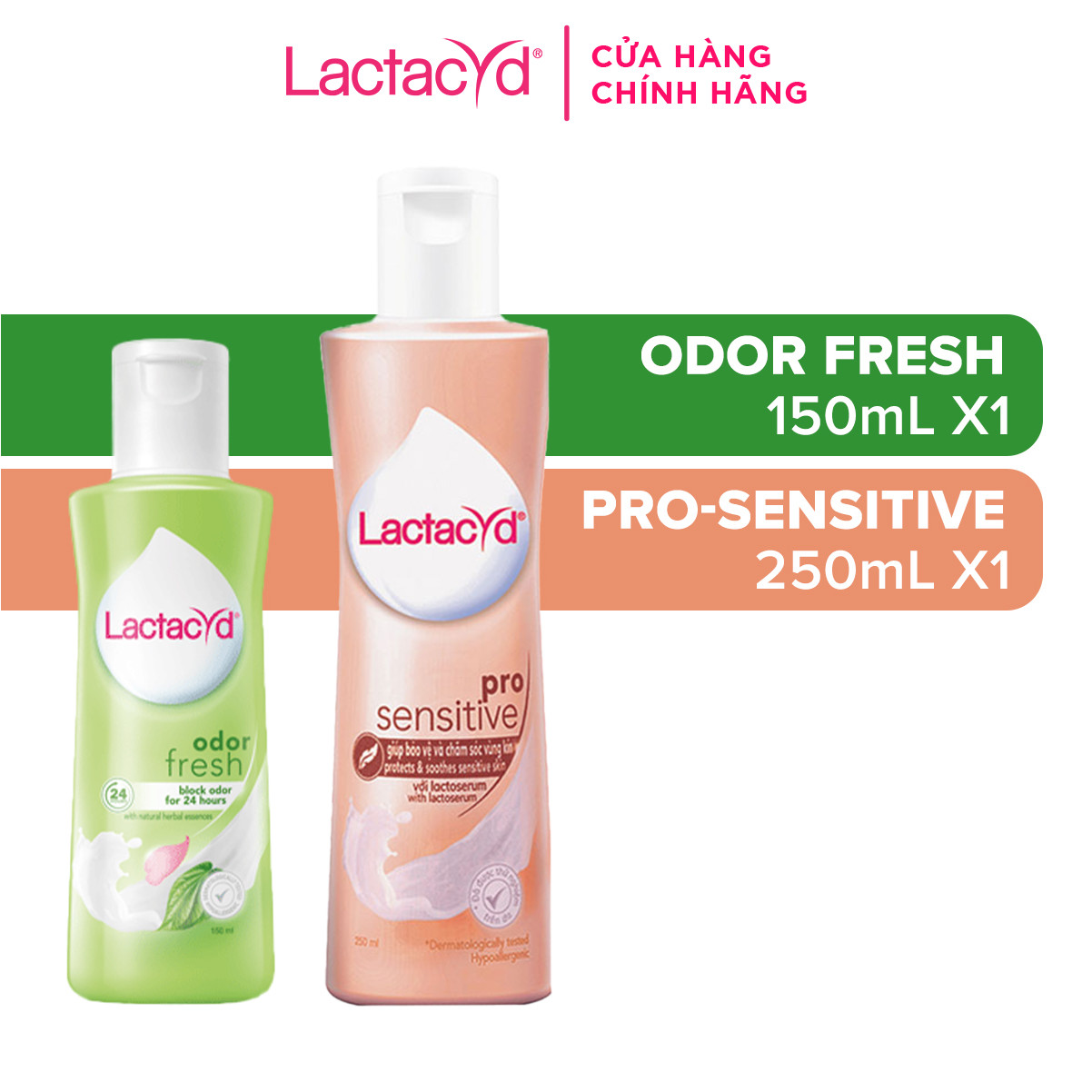 Bộ Dung Dịch Vệ Sinh Phụ Nữ Lactacyd Odor Fresh Ngăn Mùi 24H 150ml + Pro Sensitive Cho Da Nhạy Cảm 250ml