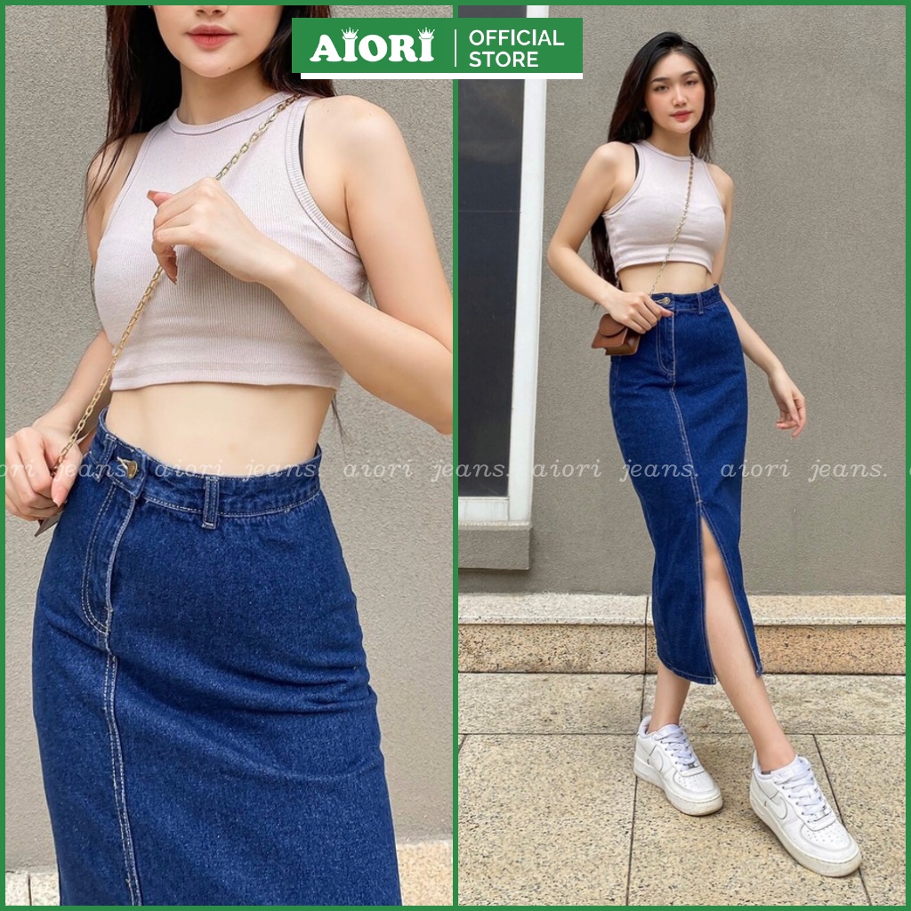 [BÁN CHẠY+RẺ CHẤT]Chân Váy Jean nữ AIORI Dài Dáng Chữ A Xẻ Tà Thời Trang Hàn Quốc_Mã V001 - Size S