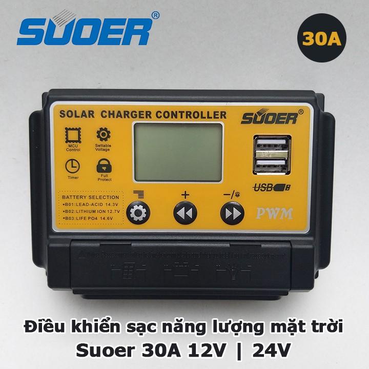 Bộ điều khiển sạc năng lượng mặt trời SUOER 30A 12V 24V, PWM với màn hình LCD