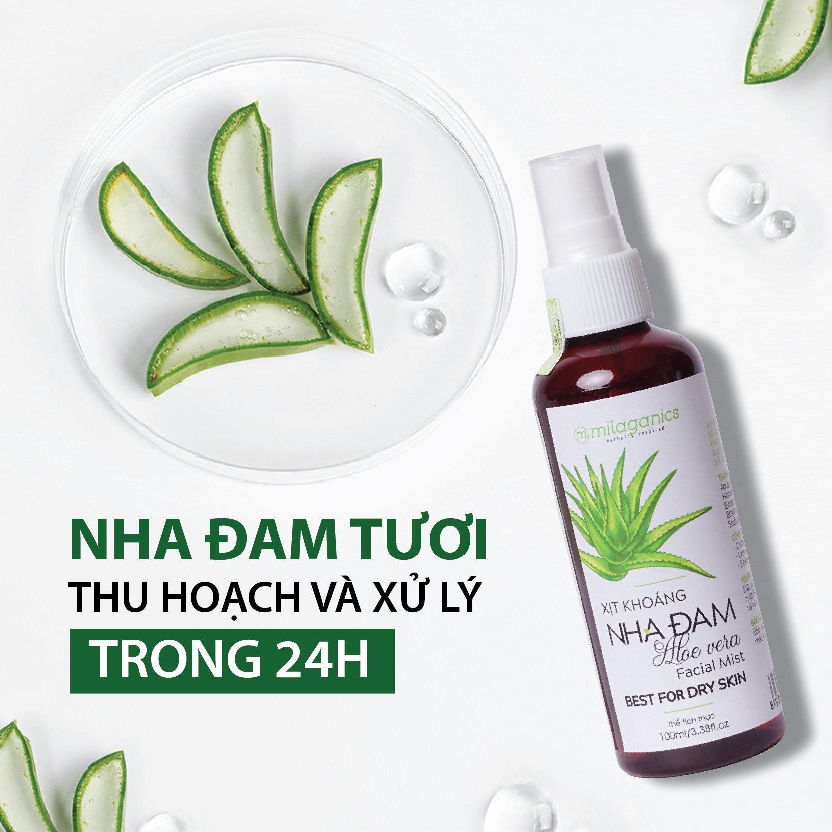 Xịt Khoáng Nha Đam Cấp Nước Tức Thì, Làm Dịu Da &amp; Cân Bằng Độ Ẩm MILAGANICS 100ml (Chai)