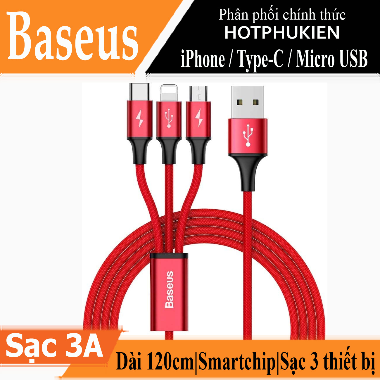 Dây cáp sạc nhanh 3A 3 in 1 USB-A to iPhone / Type-C / Micro USB hiệu Baseus Rapid Fast Charge Cable (dài 120CM, sạc cùng lúc 3 thiết bị, chip sạc thông minh, tốc độ truyền tải 480Mbps) - hàng nhập khẩu