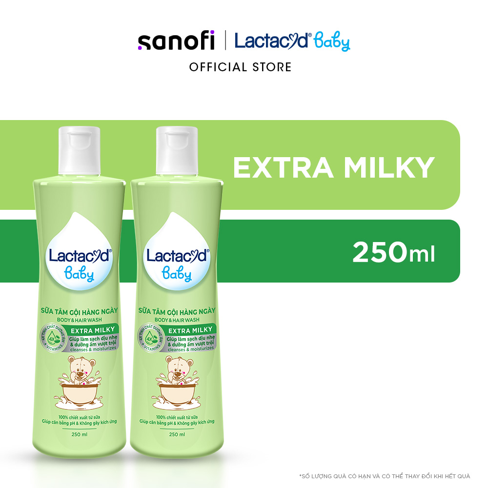 Bộ 2 chai Sữa Tắm Gội Trẻ Em Lactacyd Baby Extra Milky Làm Sạch Dịu Nhẹ và Dưỡng Ẩm Vượt Trội 250ml/chai