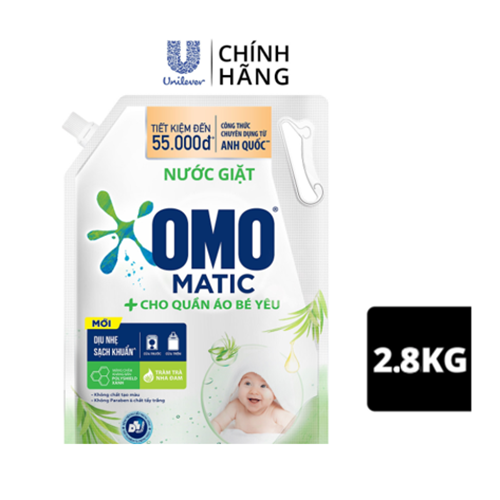 TúI Nước Giặt Omo Matic Cho Quần Áo Bé Yêu Chiết Xuất Tràm Trà Và Nha Đam Dịu Nhẹ, Sạch Khuẩn 2.8Kg