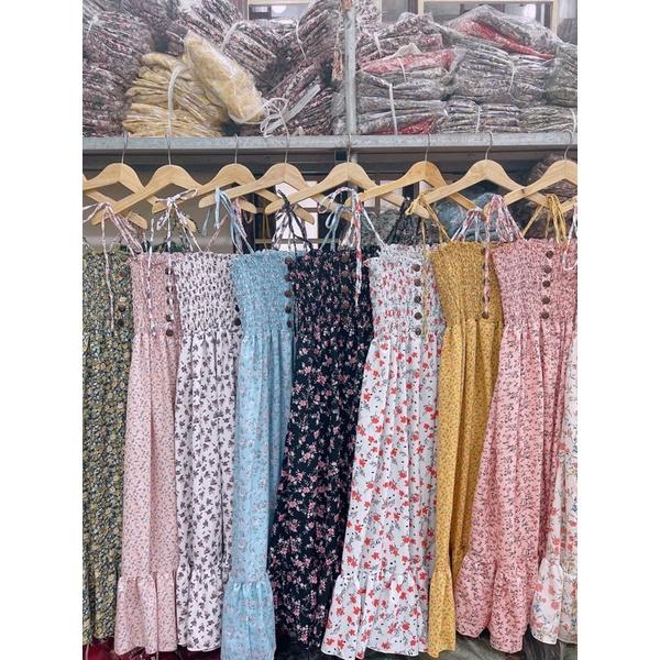 Đầm maxi hai dây cột vai đi biển đi dạo hoa nhí phối nút gỗ hình thật đủ màu siêu đẹp