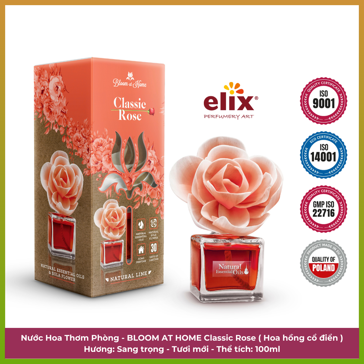 Nước hoa thơm phòng Bloom At Home Elix - Hương Hoa Hồng Cổ Điển - 100ml nhập khẩu từ Ba Lan - Chiết xuất thành phần tự nhiên, lưu hương lâu, an toàn