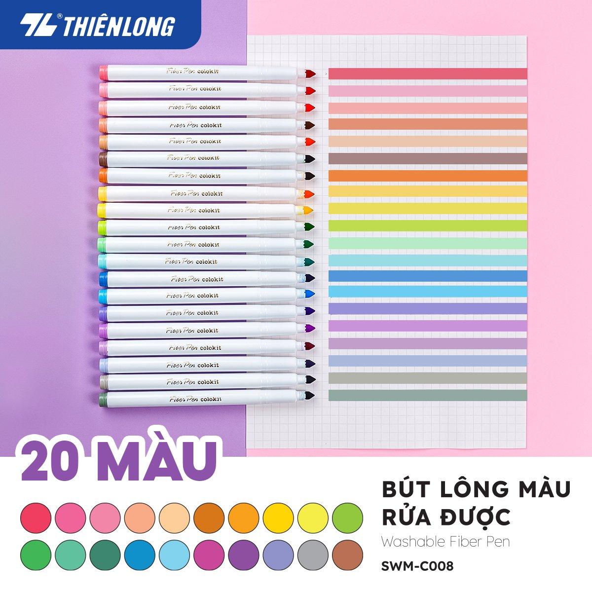 Bút lông 20 màu Pastel Washable Fiber Pen Thiên Long Colokit SWM-C008 - Bút lông màu rửa được-KM