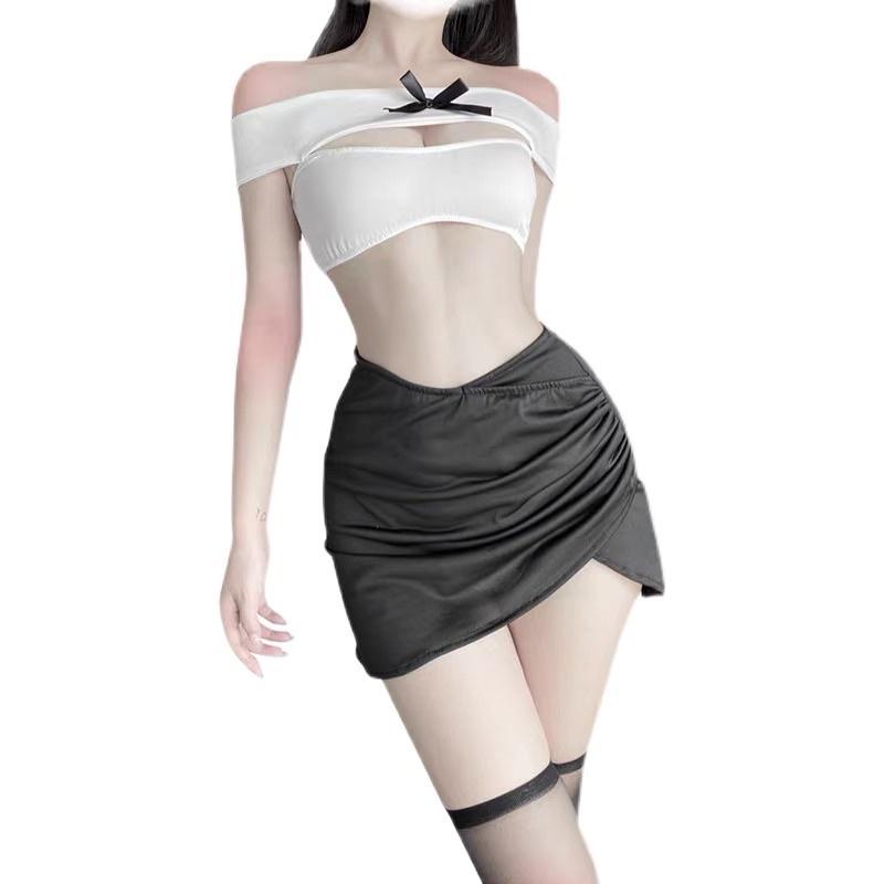 LL2470 Áo Trễ Ngang Vai + Váy Bo Nhún Vạt Cao Gợi Cảm - Hoá Thân Thành Nàng Thư Kí Quyến Rũ - Cosplay Sexy