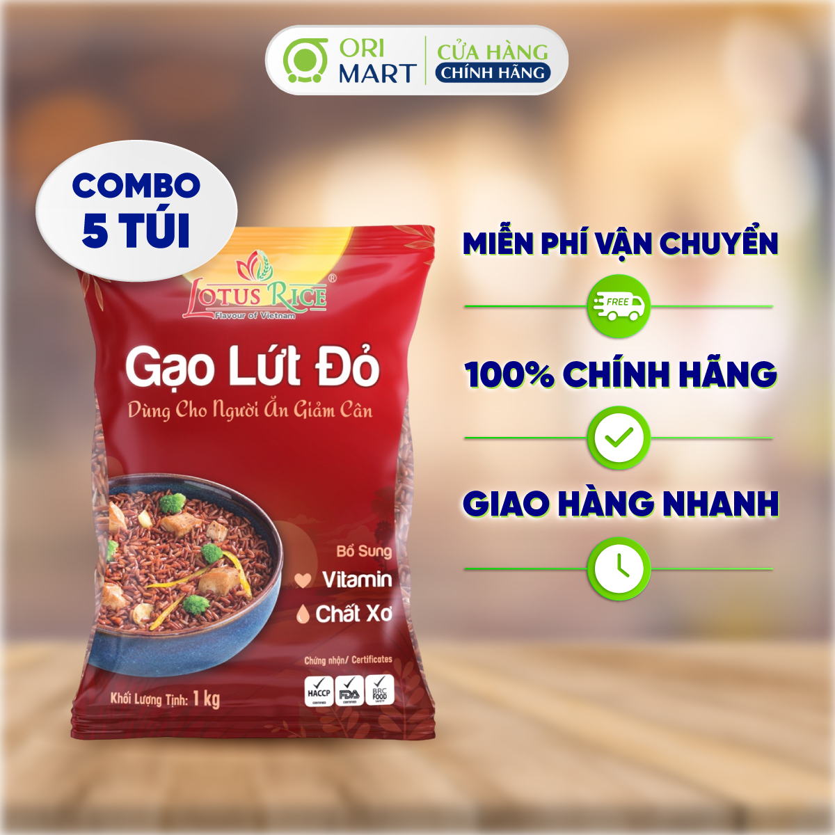 Combo 5 Gạo Lứt Đỏ LOTUS RICE Chứa Nhiều Chất Xơ Tốt Dễ Nấu Tốt Cho Người Ăn Kiêng 1kg ORIMART