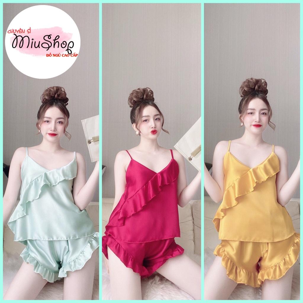 Sét đồ ngủ 2 dây quần đùi bèo chéo tà lụa satin dễ thương, đồ bộ cao cấp