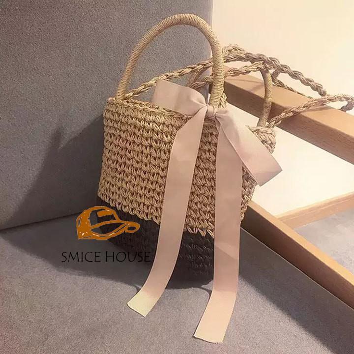 TÚI CÓI VINTAGE ĐAN MÓC ĐEO CHÉO 2 MÀU TRƠN ĐI BIỂN TÚI XÁCH NỮ - SMICE HOUSE
