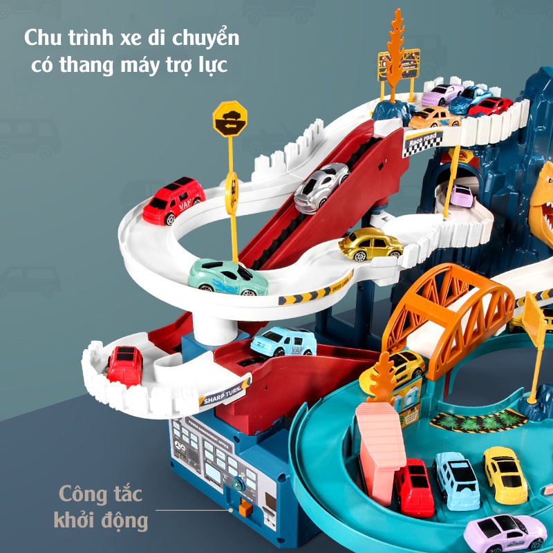 Đồ chơi Garage đỗ xe Ô TÔ lắp ráp đường ray khủng long 3 tầng cao cấp, đồ chơi giáo dục cho bé