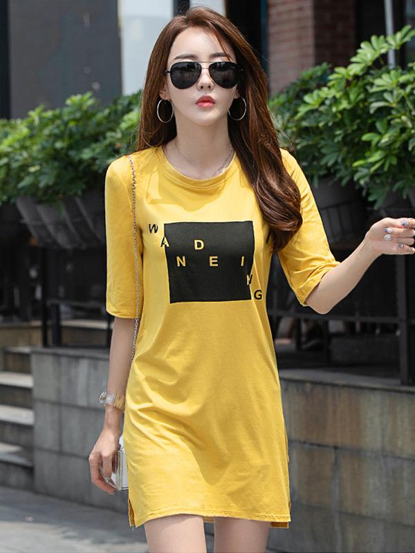 Đầm thun suông xẻ tà in chữ 105