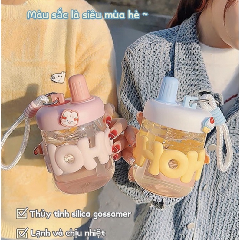Bình - Cốc thủy tinh có ống hút, dây đeo kèm khay lọc, stick nổi