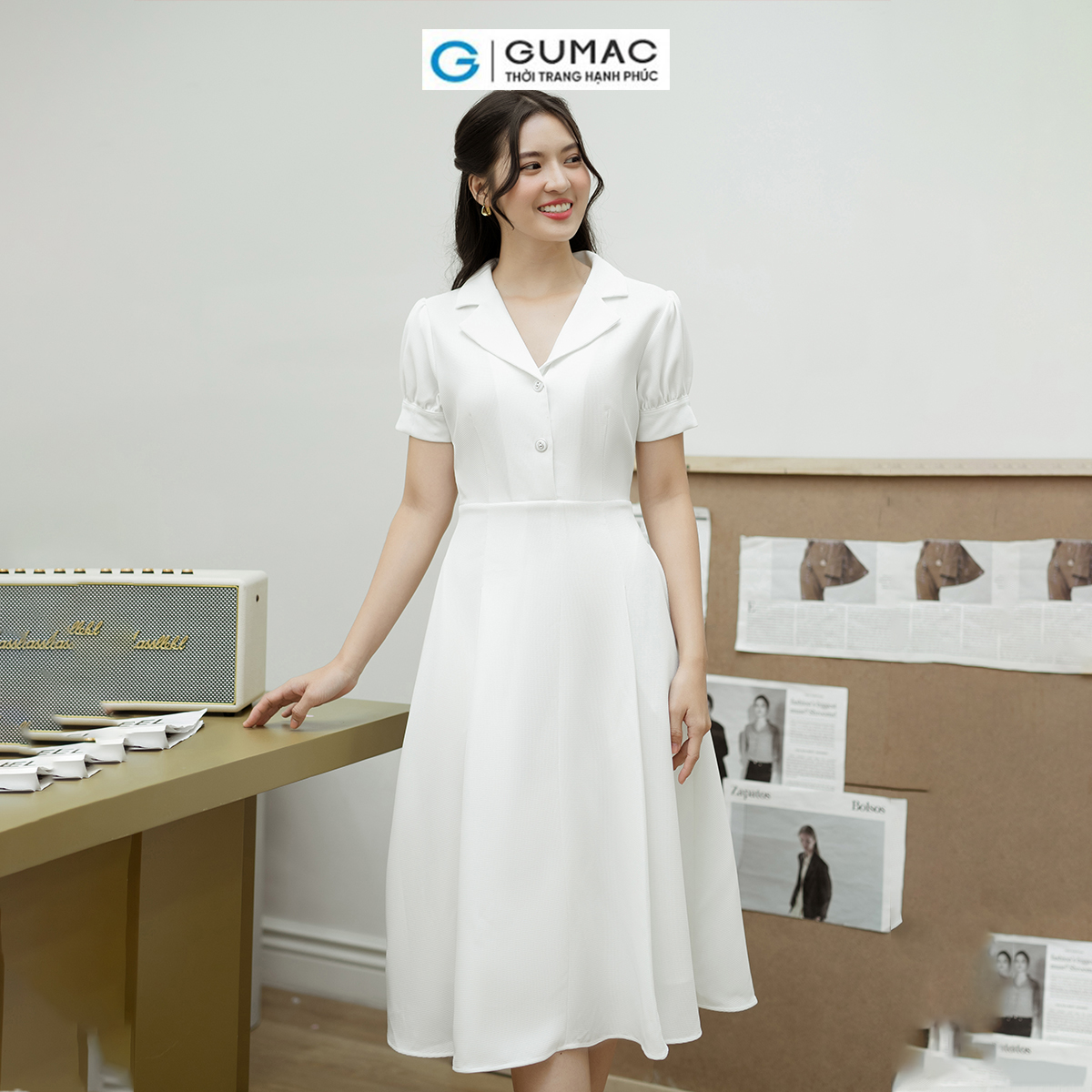 Đầm A xòe tay phồng GUMAC DD08048