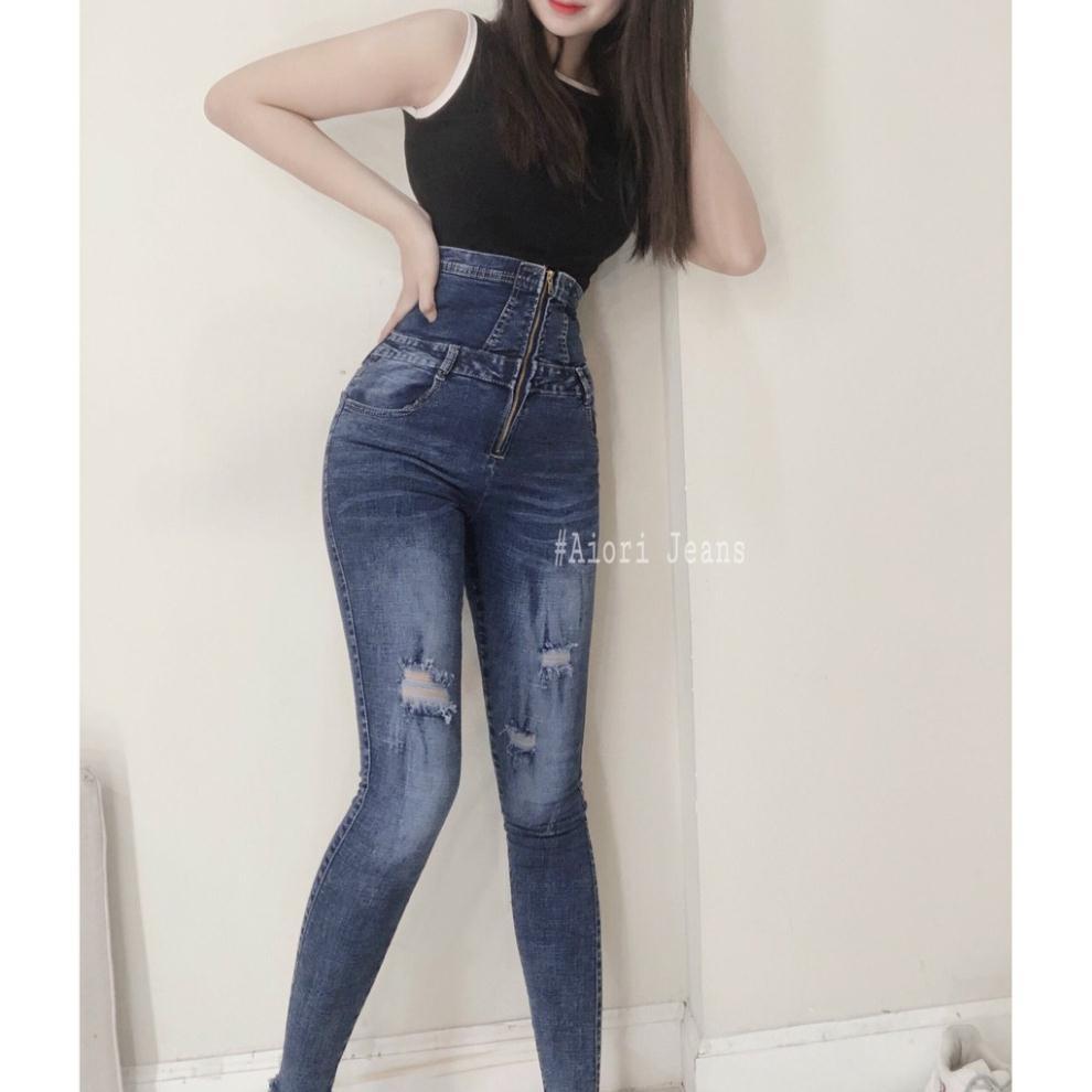 Quần Jean Nữ Aiori Lưng Cao Skinny Jeans 5 Nút Cạp Cao Thắt Dây Siết Eo Quần Bò Nữ Dáng Ôm Dài Phong Cách Thời Trang