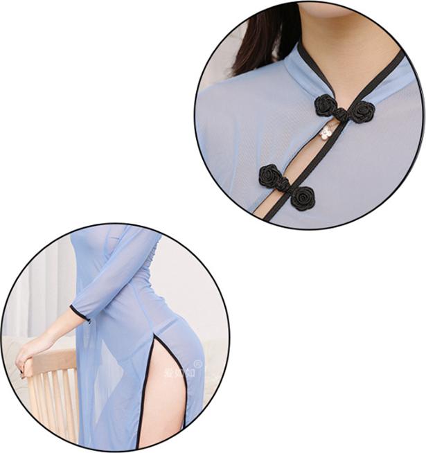 Váy ngủ dáng áo dài màu xanh xẻ tà gợi cảm