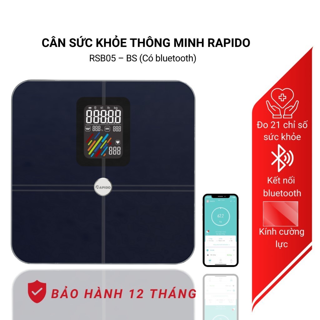 Cân điện tử sức khỏe thông minh Rapido RSB05–BS kết nối bluetooth, đo 21 chỉ số, bảo hành 12 tháng