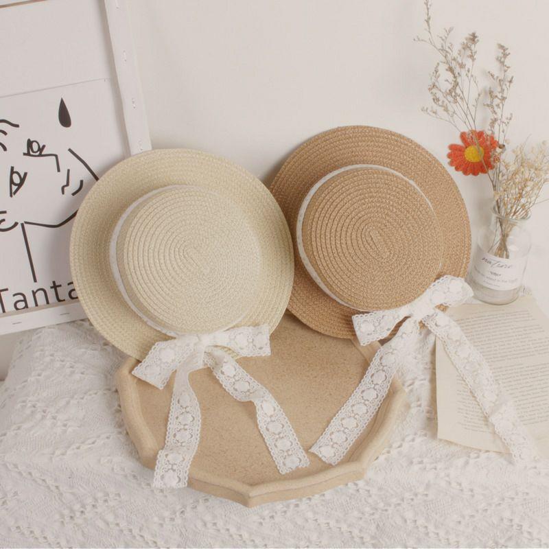 Mũ cói phối ren trắng dài cho bé gái