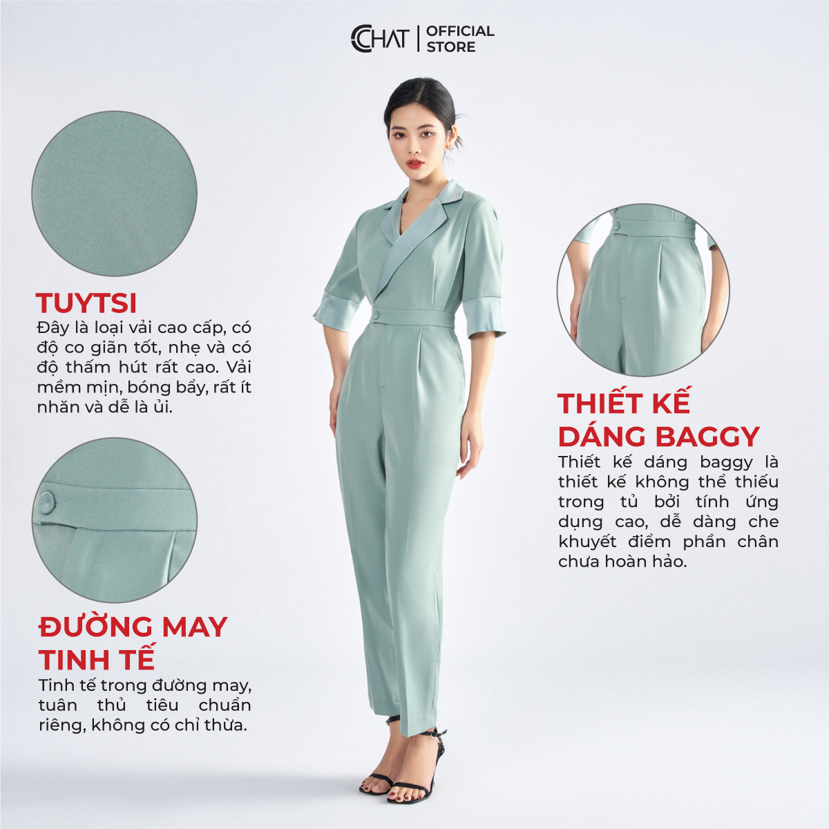 Jumpsuit Nữ  Kiểu Áo Cổ 2 Ve Phối Tay Chất Tuytsi Mềm Mịn 62JNS8003BT