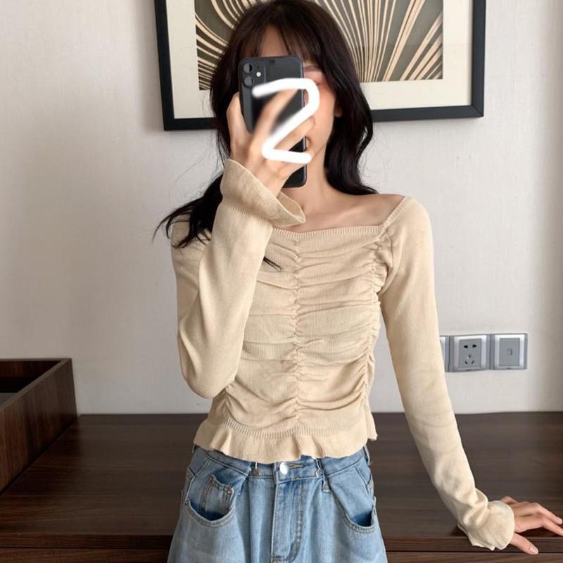 Áo Dệt Kim Tay Dài Cổ Vuông Màu Trơn Thanh Lịch