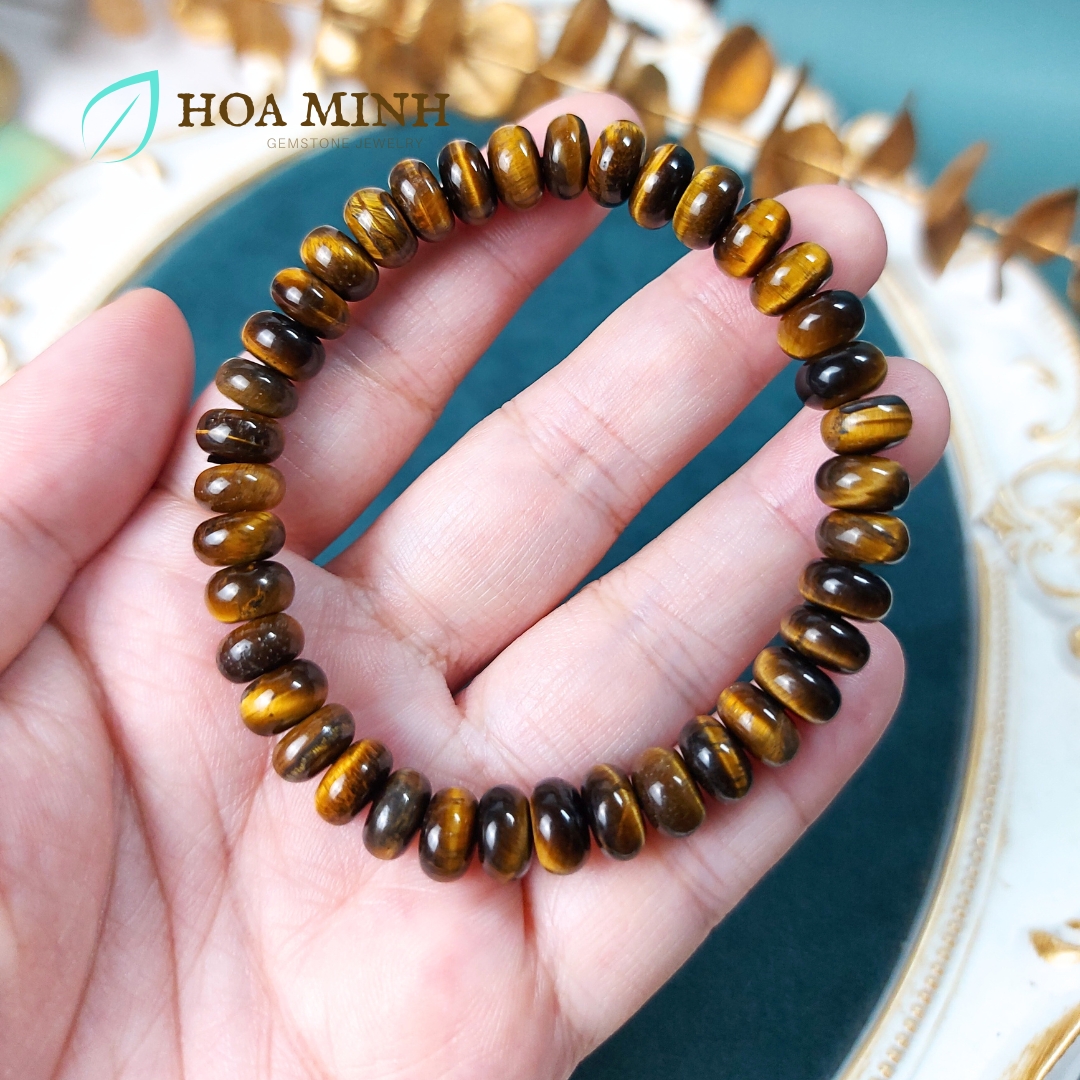 Vòng tay đá Mắt Hổ vàng nâu kiểu bánh xe size 8 li phong thủy tài lộc may mắn