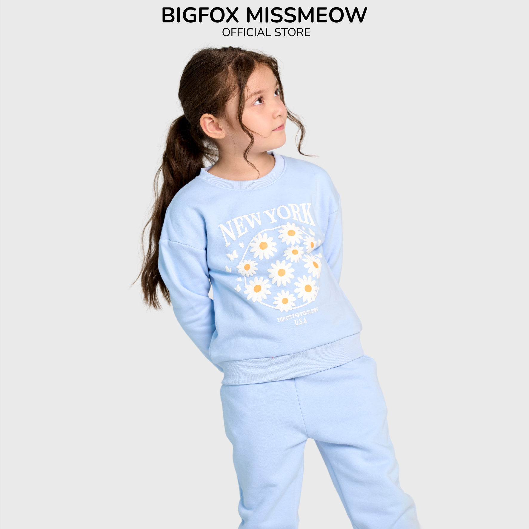 Bộ thu đông bé gái Bigfox Miss Meow size đại, bộ nỉ bông cho bé in hoa cúc New York size trẻ em 7,8,9..,11 tuổi