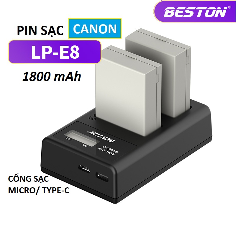 Bộ Pin LP-E8 1800mAh + Sạc Beston Dùng Cho Máy Ảnh Canon EOS 550D 600D 650D 700D Kiss X4 X5 X6i - Hàng nhập khẩu