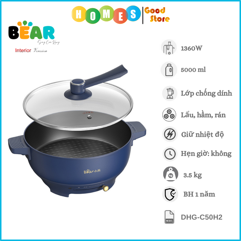 Nồi Lẩu Điện Đa Năng BEAR DHG-C50H2 Dung Tích 5 Lít Công Suất 1360W - Hàng Nhập Khẩu