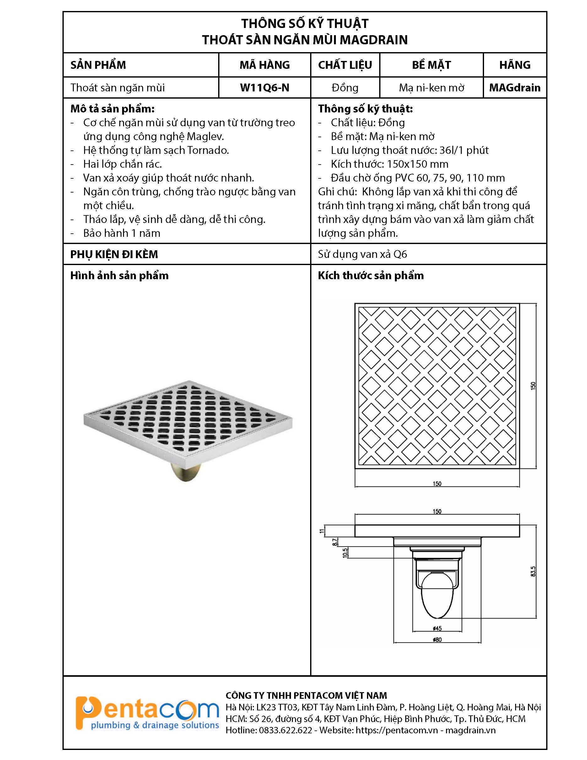 THOÁT SÀN NGĂN MÙI MAGDRAIN W11Q6-N