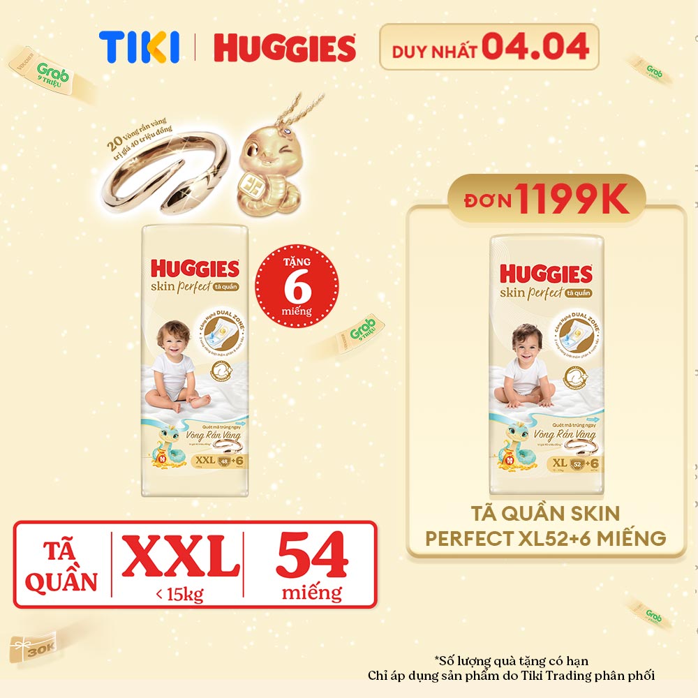 [Phiên bản Rắn vàng giới hạn] Tã quần Huggies Skin Perfect Super Jumbo XXL48+6 với 2 vùng thấm giảm kích ứng da