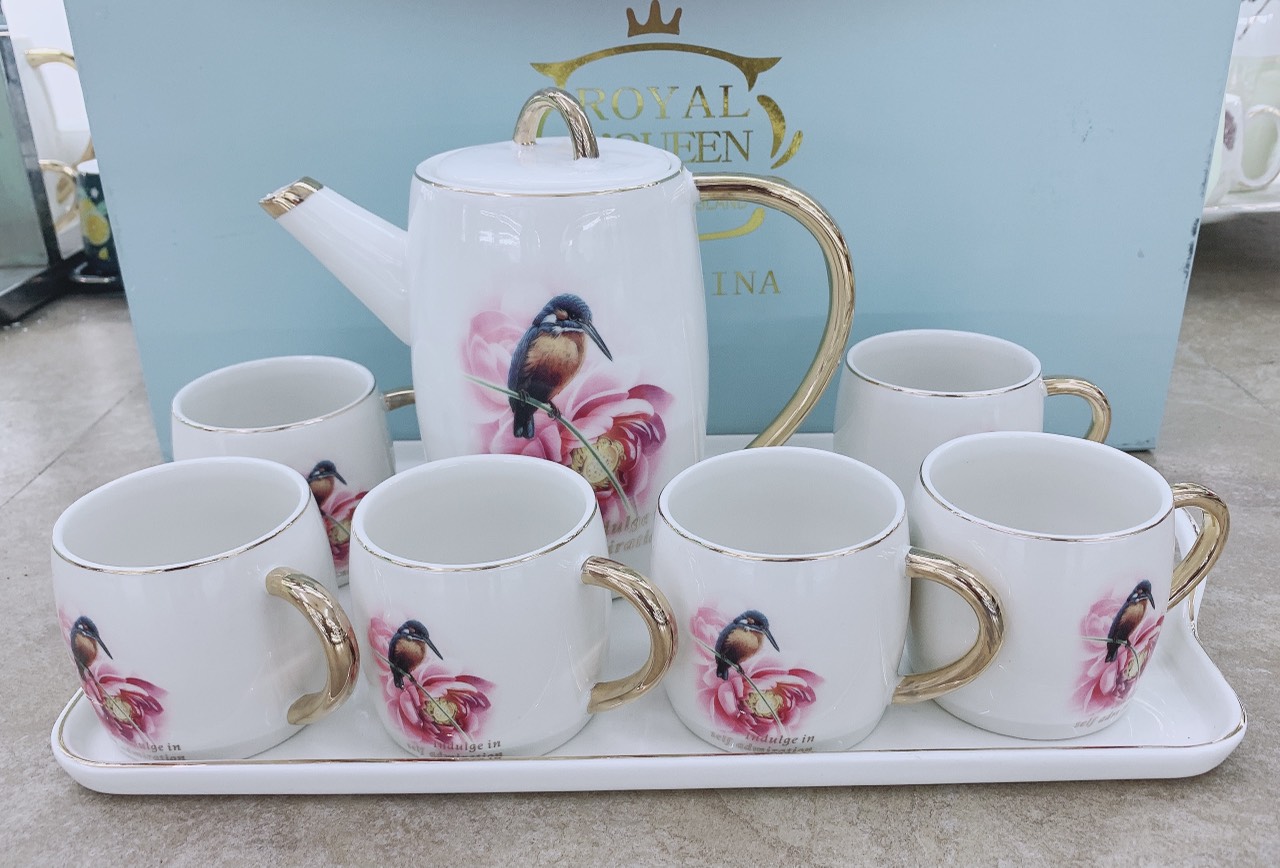BỘ ẤM CHÉN KÈM KHAY SỨ CAMELIA PHA TRÀ CÀ PHÊ MÀU TRẮNG HỌA TIẾT CHIM VÀ HOA TÍM - ANTH406