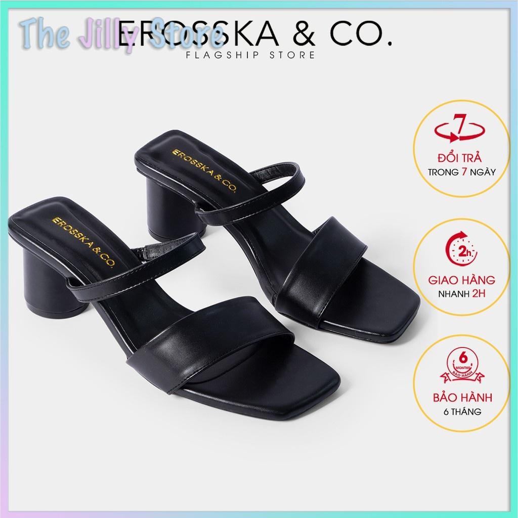 Giày sandal cao gót Erosska mũi vuông dây bảng phối gót tròn cao 5m màu đen _ EB026