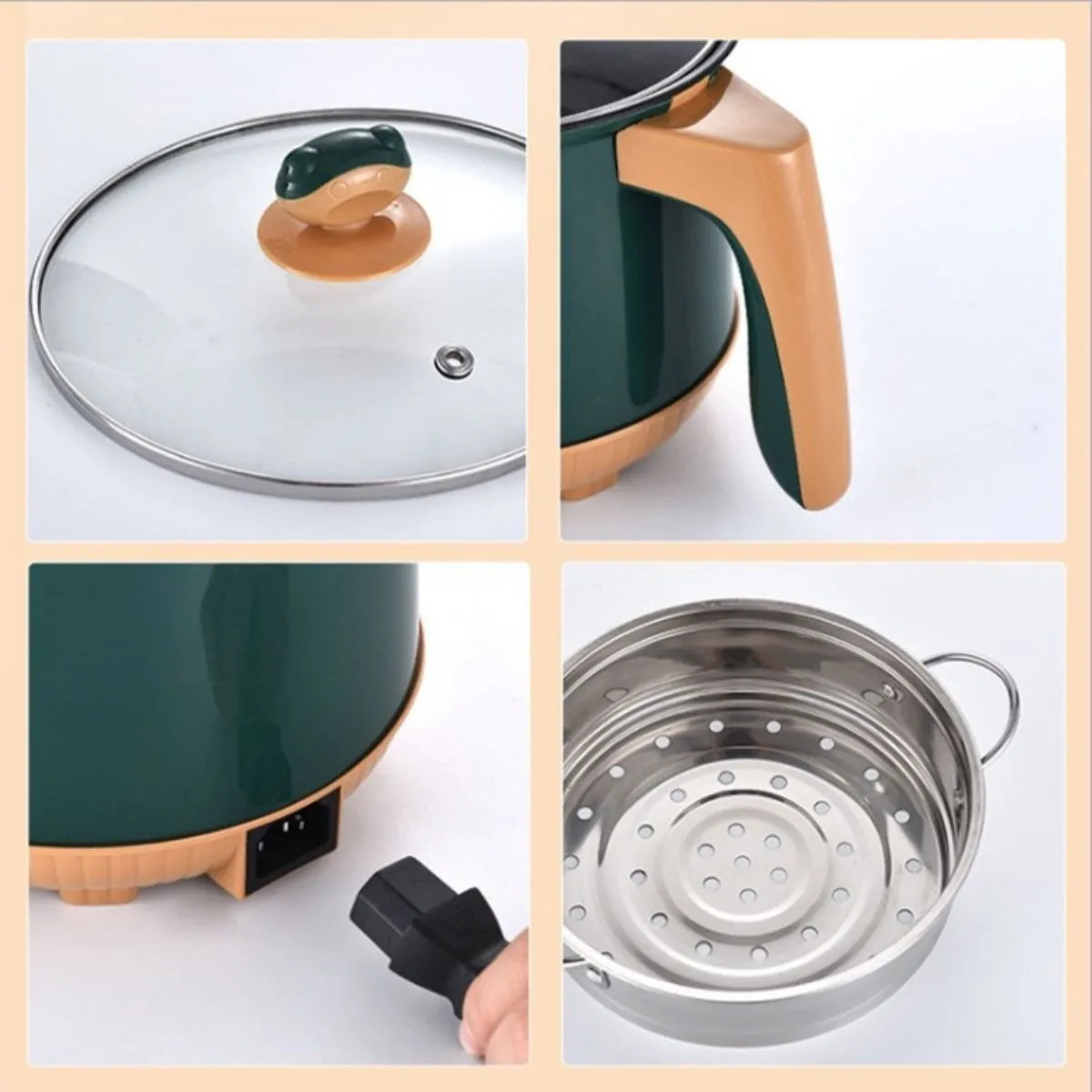 Nồi lẩu điện, cơm điện mini đa năng 2 tầng chống dính kèm giá hấp Inox 18cm phù hợp Chiên, Xào, Hấp, Nướng hàng chính hãng OnionDecor