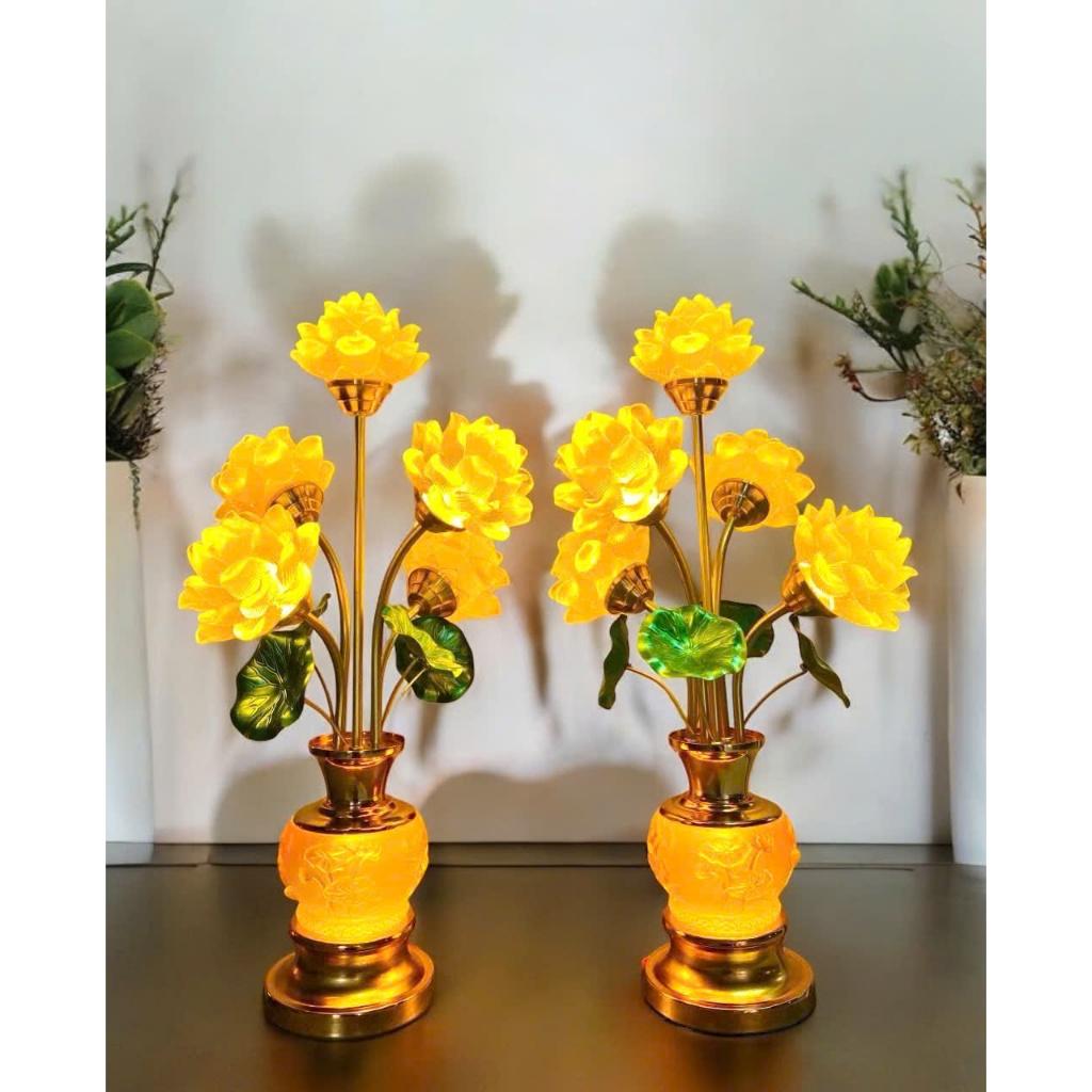 Đèn hoa sen 5 bông bình ngọc lưu ly RỒNG VIỆT, đèn sen thân hợp kim cao 55cm cao cấp