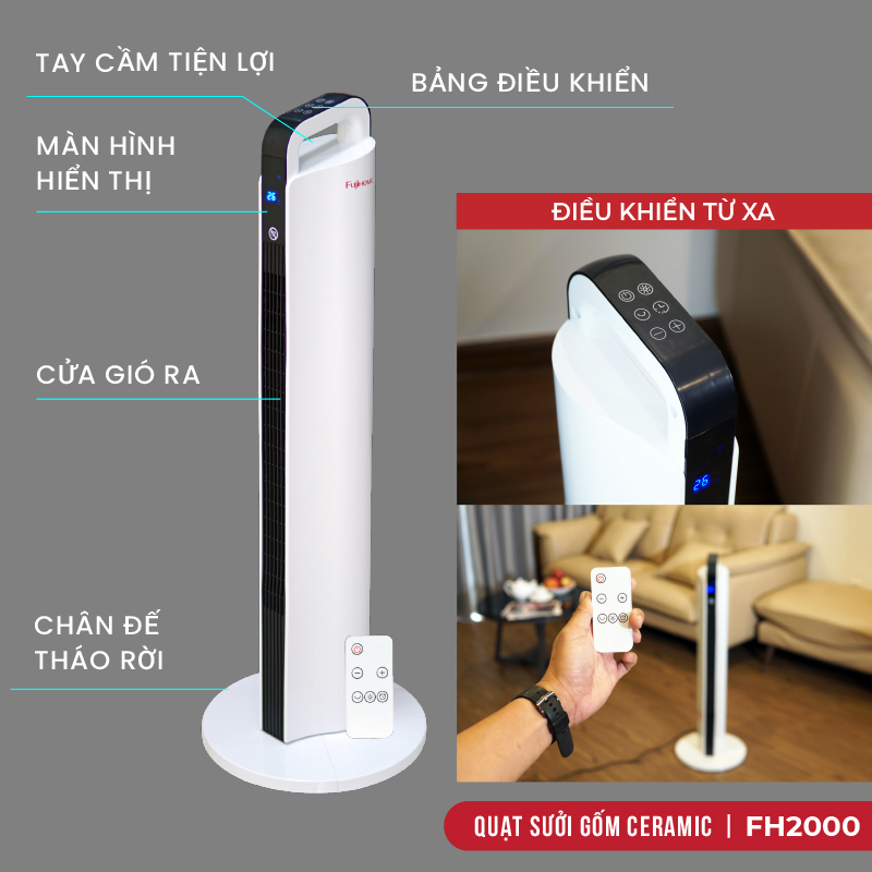 Máy sưởi gốm không khô da nhập khẩu FUJIHOME FH2000 điều khiển từ xa, quạt sưởi ấm có hẹn giờ, tự động ngắt ,không phát sáng, không đốt oxi- Hàng nhập khẩu