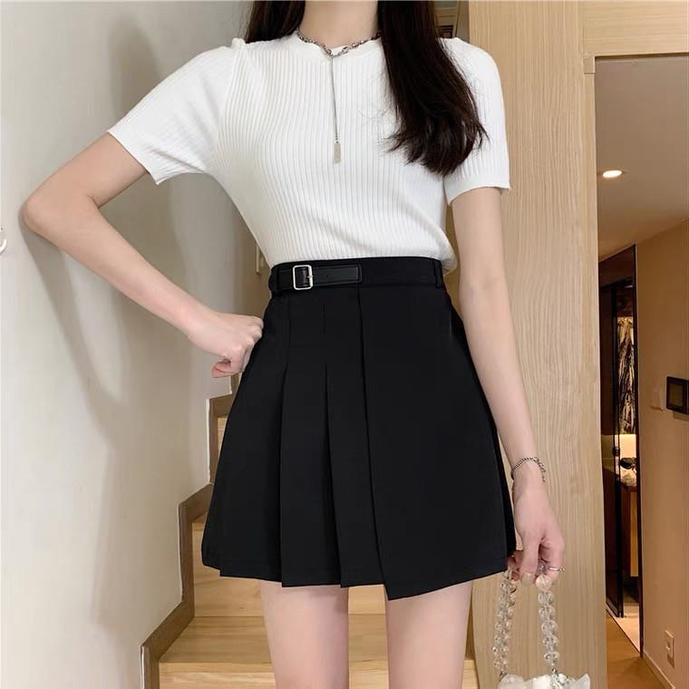 Chân váy xếp ly phối đai lệch chân váy ngắn dáng chữ A chất tuyết mưa thời trang công sở Banamo Fashion 5318