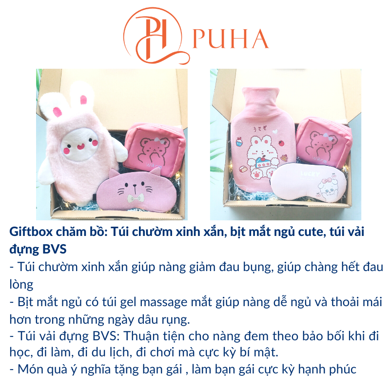 Combo Túi chườm nóng đau bụng kinh PUHA gồm túi chườm nóng, bịt mắt ngủ và túi vải mini dễ thương. món quà ý nghĩa tặng bạn gái, tặng bạn thân