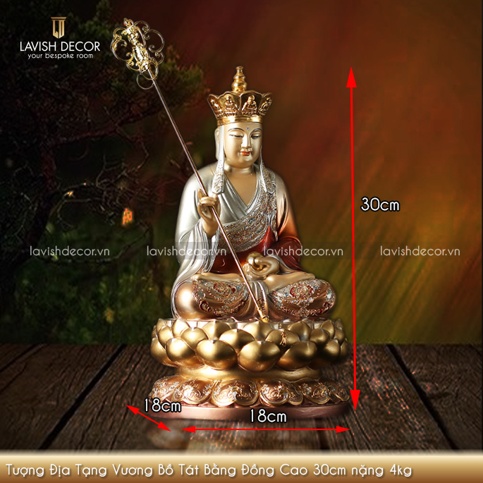 Tượng Địa Tạng Vương Bồ Tát Bằng Đồng Men Dát Vàng Sơn Bạc Ấn Bảo 30x18x18cm nặng 4kg