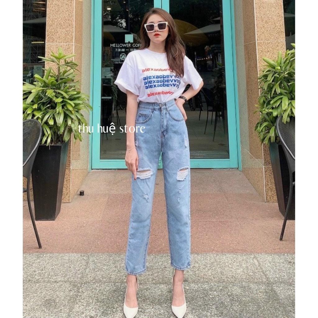 Quần Baggy Jean Cạp Cao Rách Kiểu Phong Cách ULZANG Cho Nữ