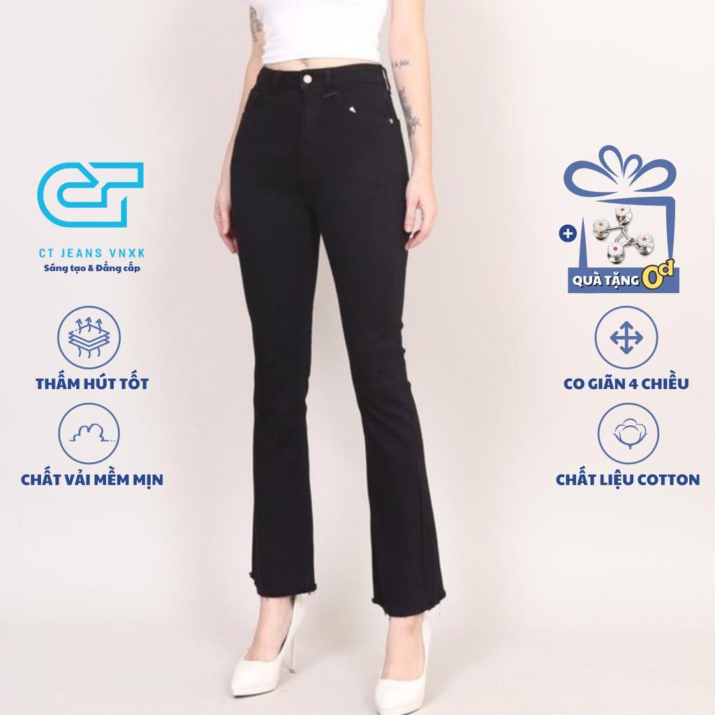 Quần Jeans Nữ Ống Loe Cạp Cao Co Giãn Đen Trắng Trơn Gấu Tua CT Jeans