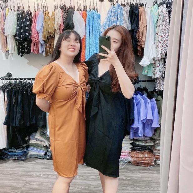 Bigsize 60-90KG vmart Đầm suông phối nơ D444 hàng Quảng Châu cao cấp chiết eo giấu bụng