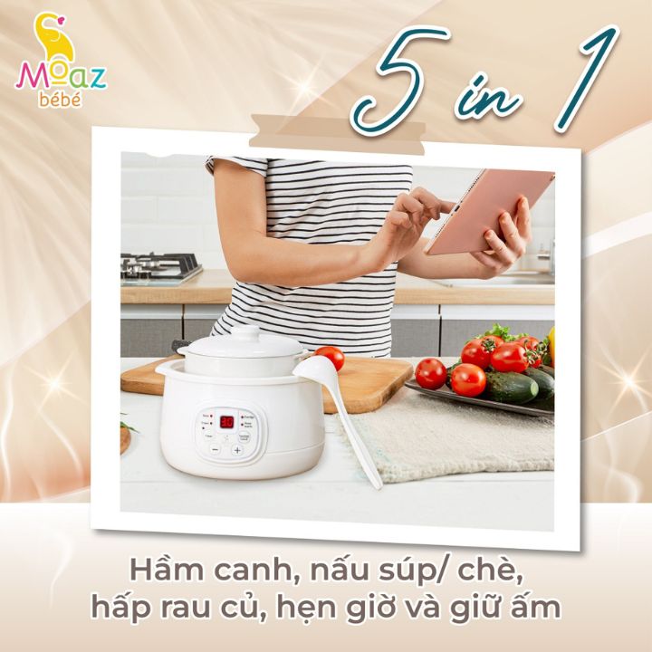 Nồi Nấu Cháo Chậm, Chưng Yến Moaz Bebe MB–060 - Nồi Hầm Cách Thủy Đa Năng Dung Tích 1L Kèm Xửng Hấp, Lòng Nồi Bằng Sứ Giữ Nhiệt Tốt Hơn - Hàng chính hãng