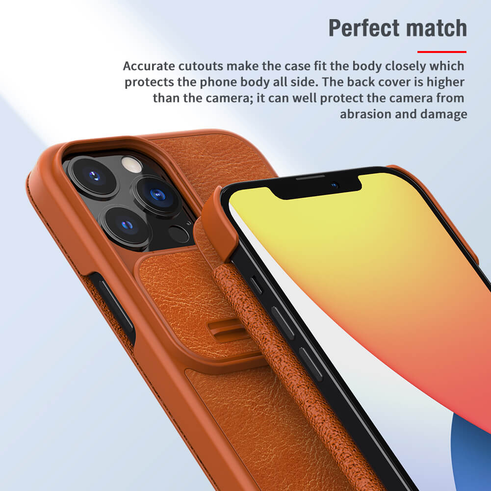 Case bao da chống sốc cho iPhone 13 Pro Max trang bị nắp bảo vệ Camera hiệu Nillkin Qin Pro - hàng nhập khẩu