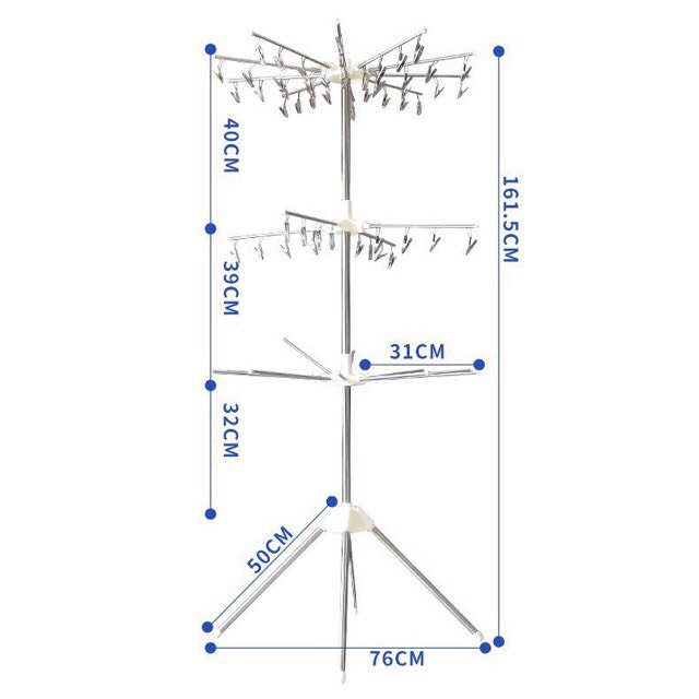 Cây phơi đồ đa năng inox 3 tầng cao cấp tặng kèm thước dây đo chiều cao cho bé