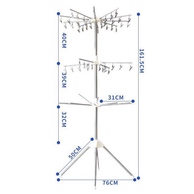 Cây phơi đồ đa năng inox 3 tầng cao cấp  tặng kèm thước dây đo chiều cao cho bé